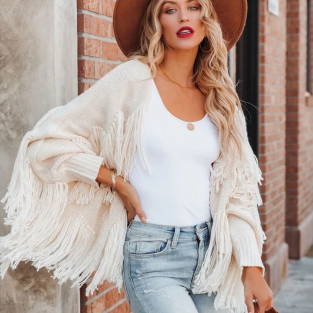 VICI Cream Fringe Cardigan – S/M – Boho Statement Piece 🤍✨